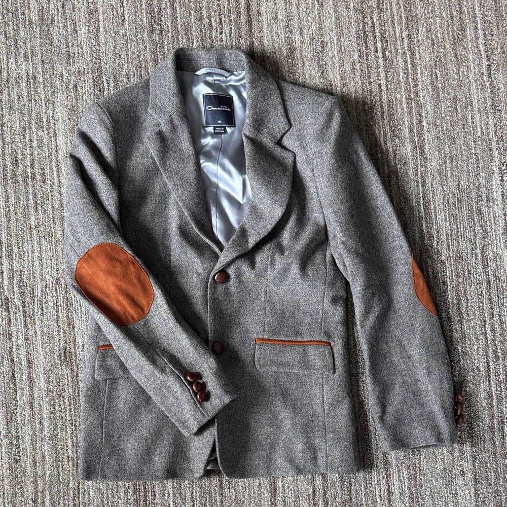 Oscar de la Renta Charcoal Blazer with Tan Elbow Patches